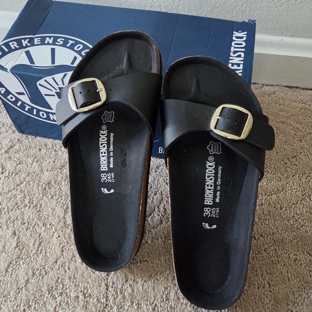 Birkenstock Black Slides with Gold Buckle PERFECT CONDITION .  never Worn